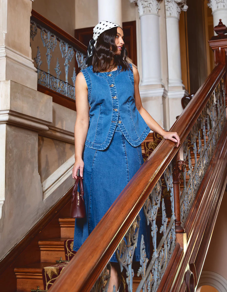 Abbott Vest - Mid Blue-Foxwood-An easy layering piece designed with everyday wear in mind. The Abbott Vest combines comfort with a clean, modern silhouette, perfect for styling back with your favourite skirt or pants. Button down front Stretch denim Split hemline at front Our model is 176cm and wears Size 10-Pash + Evolve