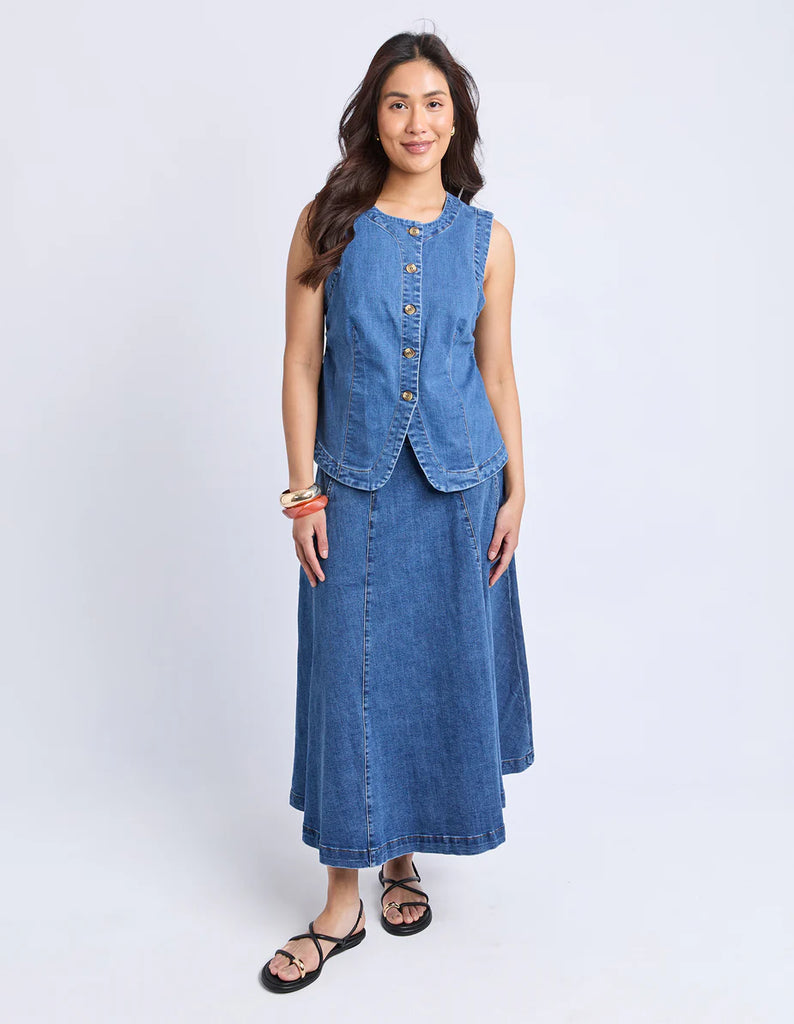 Abbott Vest - Mid Blue-Foxwood-An easy layering piece designed with everyday wear in mind. The Abbott Vest combines comfort with a clean, modern silhouette, perfect for styling back with your favourite skirt or pants. Button down front Stretch denim Split hemline at front Our model is 176cm and wears Size 10-Pash + Evolve