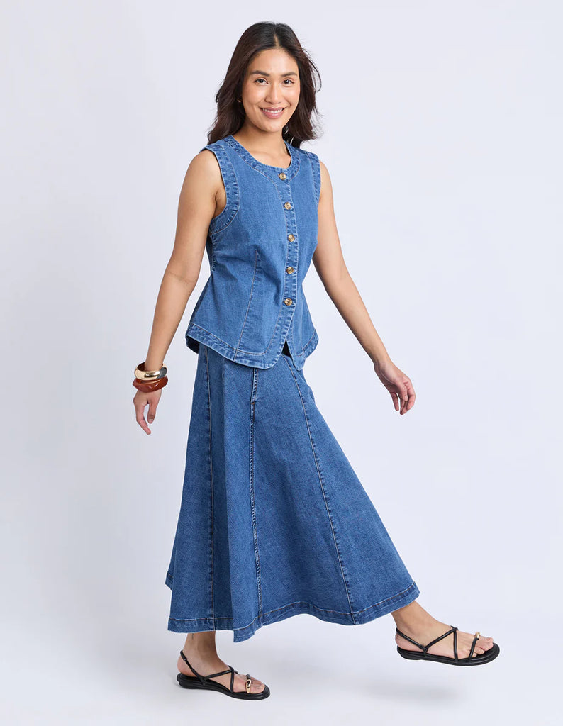 Abbott Vest - Mid Blue-Foxwood-An easy layering piece designed with everyday wear in mind. The Abbott Vest combines comfort with a clean, modern silhouette, perfect for styling back with your favourite skirt or pants. Button down front Stretch denim Split hemline at front Our model is 176cm and wears Size 10-Pash + Evolve