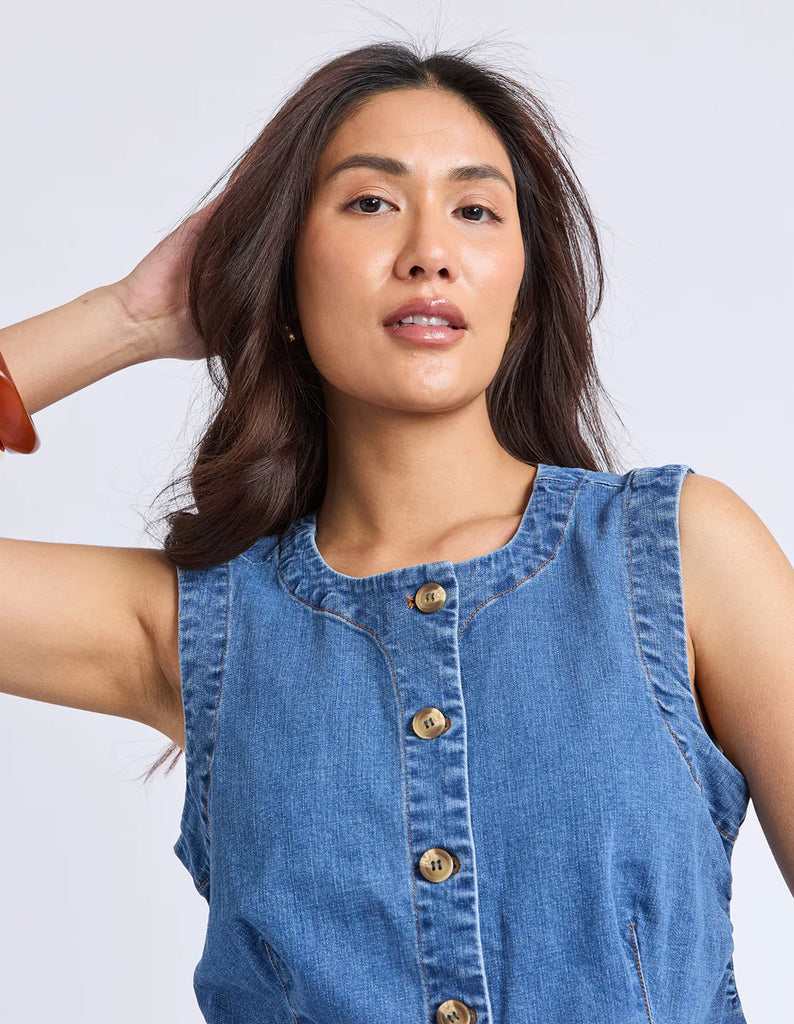 Abbott Vest - Mid Blue-Foxwood-An easy layering piece designed with everyday wear in mind. The Abbott Vest combines comfort with a clean, modern silhouette, perfect for styling back with your favourite skirt or pants. Button down front Stretch denim Split hemline at front Our model is 176cm and wears Size 10-Pash + Evolve