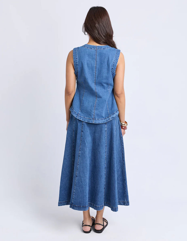 Abbott Vest - Mid Blue-Foxwood-An easy layering piece designed with everyday wear in mind. The Abbott Vest combines comfort with a clean, modern silhouette, perfect for styling back with your favourite skirt or pants. Button down front Stretch denim Split hemline at front Our model is 176cm and wears Size 10-Pash + Evolve