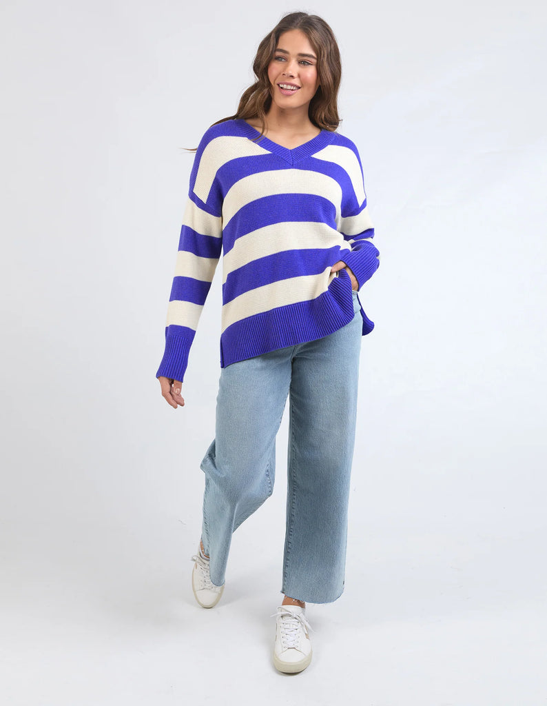 Alexa Stripe Knit - French Blue & Marshmallow-Elm-Classic and bold, the new Alexa Stipe Knit features a flattering vee neckline and stunning french blue stripes that are both timeless and stylish. Relaxed fit V neck Yarn dyed stripe Cotton/Wool-Pash + Evolve