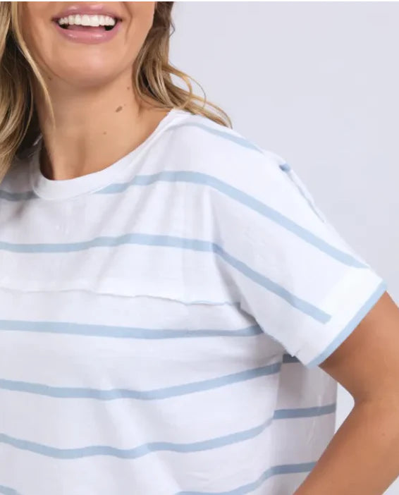 Allison stripe tee - white/sky blue-Foxwood-Stay vibrant and fresh in the Allison Tee! Made from 100% cotton, this tee will keep you comfortable and stylish all day long whilst adding a pop of colour to your wardrobe. Keep it fun with the Allison Tee! Round neckline Design lines Raw edge details 100% Cotton Our model is 176cm and wears Size 10-Pash + Evolve