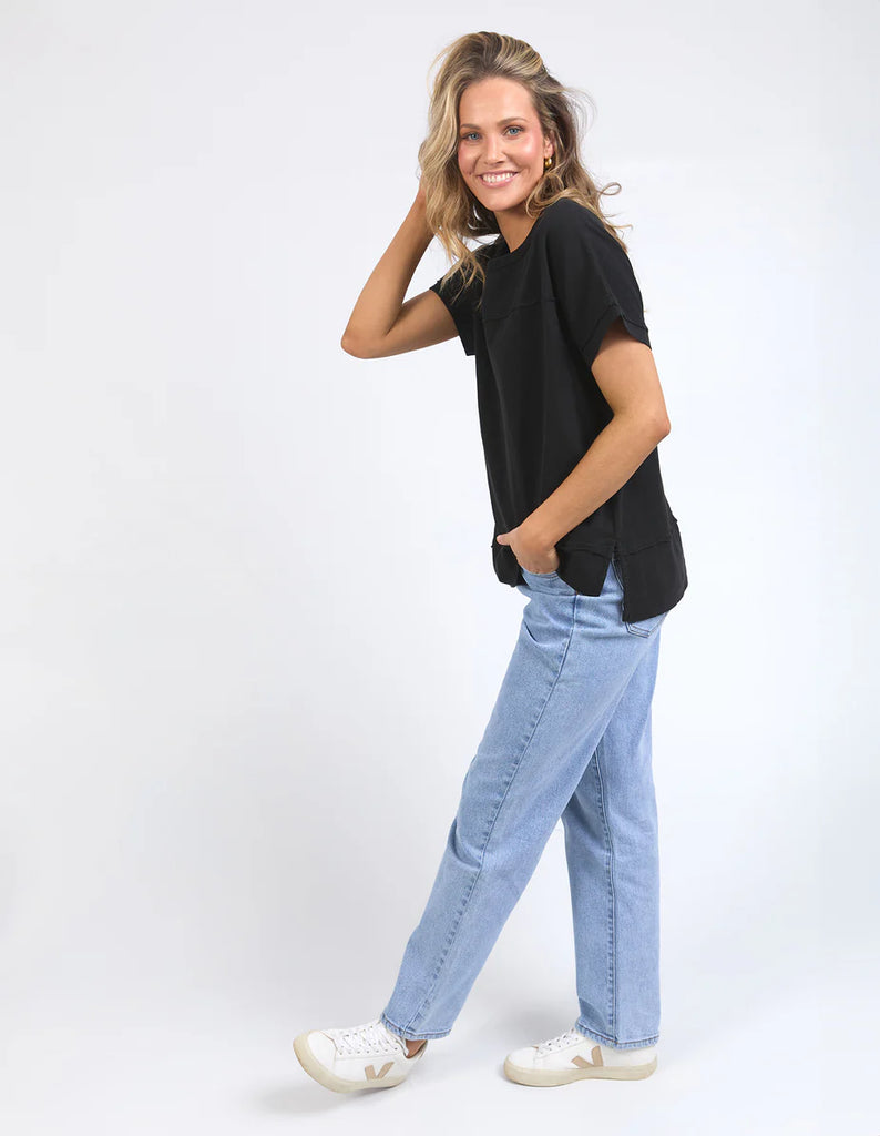 Allison tee - black-Foxwood-Stay vibrant and fresh in the Allison Tee! Made from 100% cotton, this tee will keep you comfortable and stylish all day long whilst adding a pop of colour to your wardrobe. Keep it fun with the Allison Tee! Round neckline Design lines Raw edge details 100% Cotton Our model is 176cm and wears Size 10-Pash + Evolve