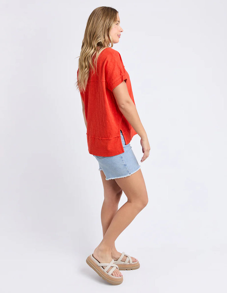 Allison tee - tangelo-Foxwood-Stay vibrant and fresh in the Allison Tee! Made from 100% cotton, this tee will keep you comfortable and stylish all day long whilst adding a pop of colour to your wardrobe. Keep it fun with the Allison Tee! Round neckline Design lines Raw edge details 100% Cotton Our model is 176cm and wears Size 10-Pash + Evolve