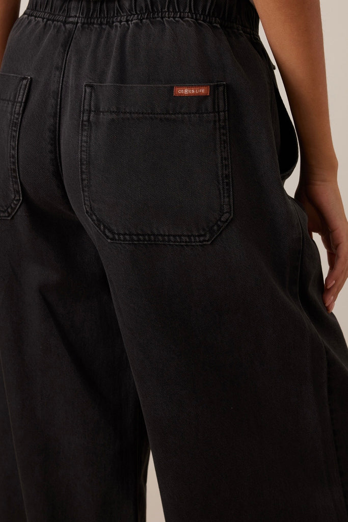 Andie wide leg drawstring pant - washed black-Ceres Life-Made from mid weight twill with soft hand feel Elastic waist with drawstring Wide leg shape with deep hem Patch pockets at back 61% Cotton, 39% Lyocell.-Pash + Evolve