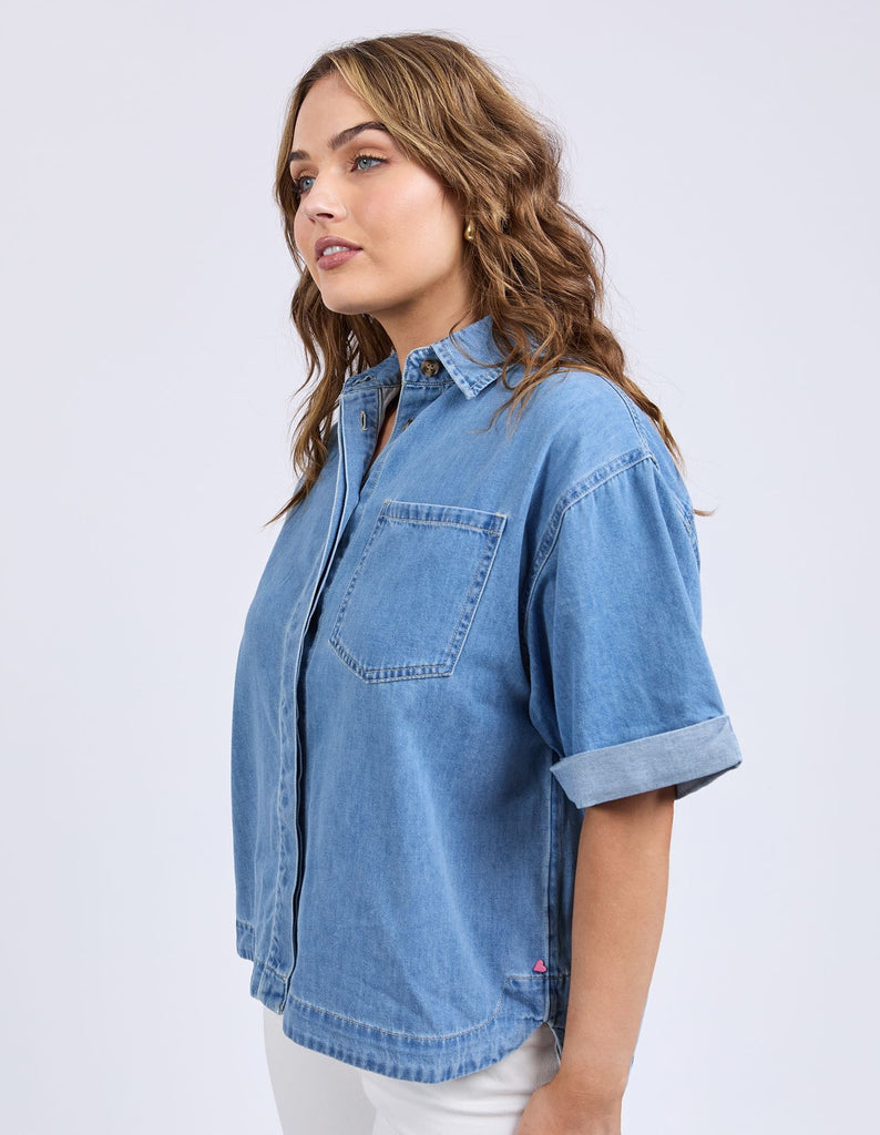 Annika denim shirt - mid blue wash-Elm-From workdays to weekends, the Anika SS Denim Shirt delivers boxy fit, turn up cuff, and concealed buttons on placket. Style it your way for an effortless look that works for any day of the week. *Boxy fit*Turn up cuff*Concealed buttons on placket-Pash + Evolve