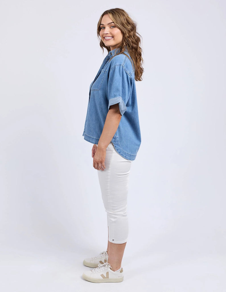 Annika denim shirt - mid blue wash-Elm-From workdays to weekends, the Anika SS Denim Shirt delivers boxy fit, turn up cuff, and concealed buttons on placket. Style it your way for an effortless look that works for any day of the week. *Boxy fit*Turn up cuff*Concealed buttons on placket-Pash + Evolve