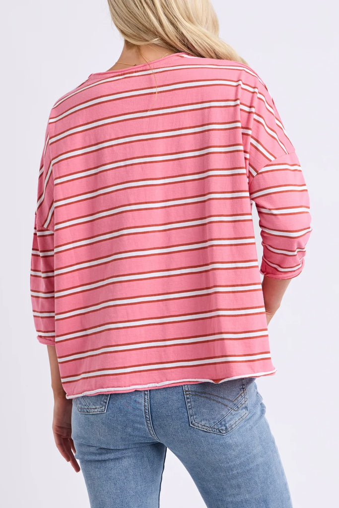 Anya Long Sleeve Tee - Stripe Pink Lemonade-Elm-The Anya Tee - Stripe combines timeless yarn-dyed stripes with Elm's relaxed oversized silhouette. Crafted from soft cotton slub jersey with raw edge detailing and dropped shoulders, it's an effortless everyday tee that pairs perfectly with denim, Brunch Pants or your favourite shorts. Raw Edge detailing at neck and sleeves 3/4 sleeves Dropped shoulder Oversized fit 100% Cotton Slub Jersey Our Model is wearing a size 10-Pash + Evolve