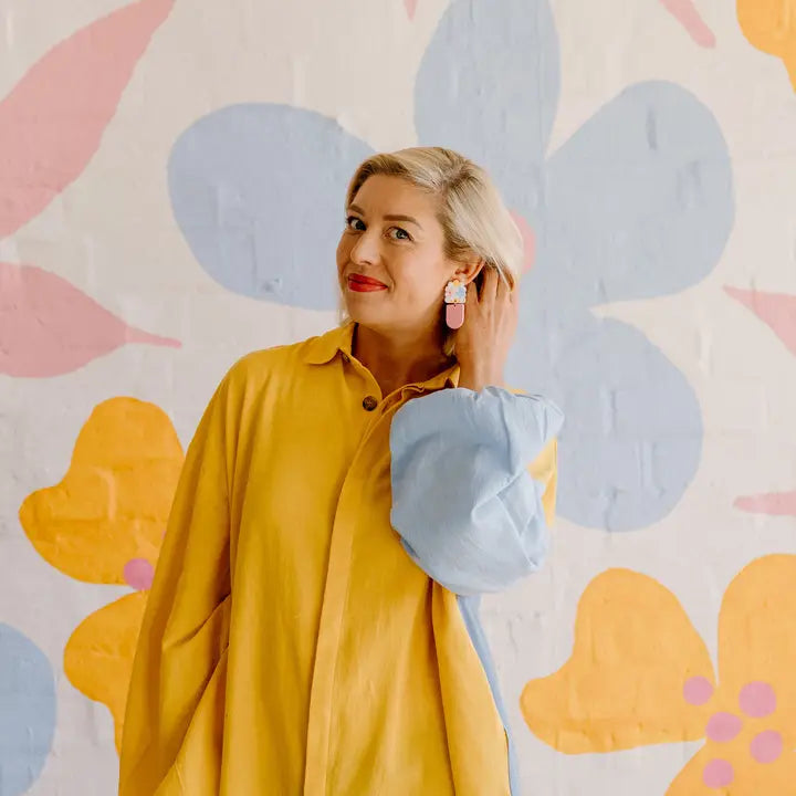 Augie Floral Mural Dangle Earrings-Pink Nade-Introducing our Floral Mural collection featuring a collection of hypoallergenic acrylic statement dangles in our fun new flower themed earrings inspired by a mural I painted in my office. Materials: 3mm Printed Acrylic, 8mm Flat Pad 304 Surgical Stainless Steel Posts. The pattern will vary placement on each earring, making every pair completely unique. Measurements: 5cm Care Instructions: Please only clean with damp cloth if needed and store in a dry space, avoi