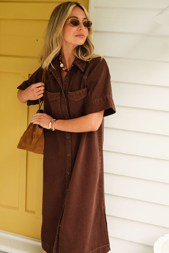 Ava Short Sleeve Midi Dress - Chocolate-Ceres Life-Made from mid weight cotton twill with 30% Lyocell for soft hand feel Curved yoke and sleeve seam detail Short sleeve with cuff Functional button through front Longer midi length with side splits-Pash + Evolve