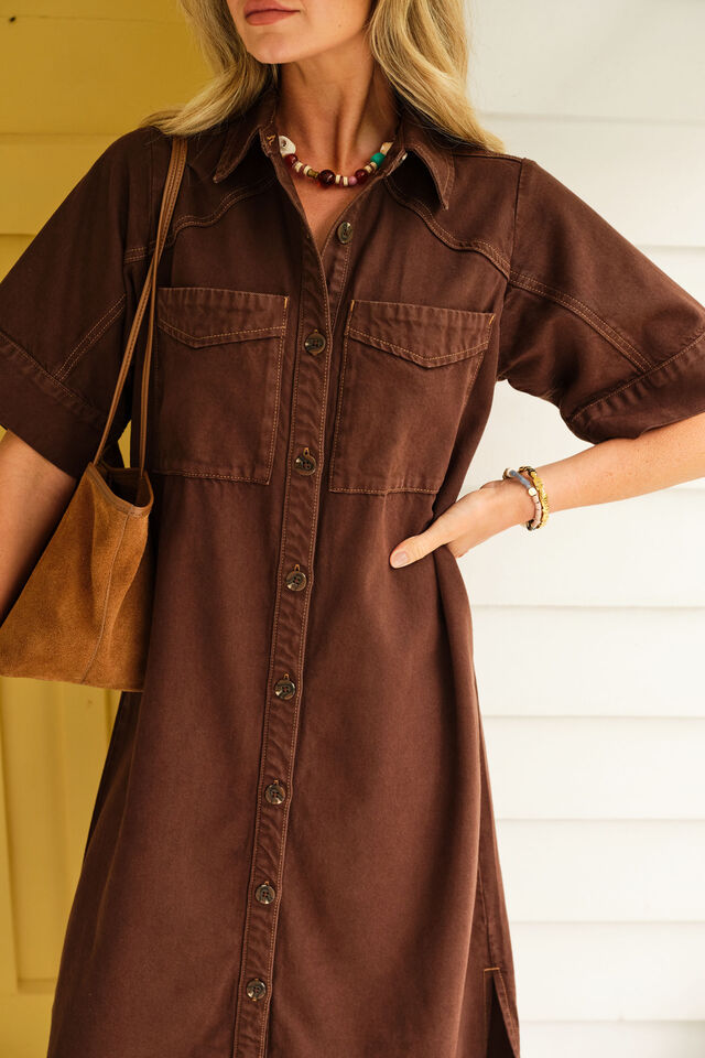 Ava Short Sleeve Midi Dress - Chocolate-Ceres Life-Made from mid weight cotton twill with 30% Lyocell for soft hand feel Curved yoke and sleeve seam detail Short sleeve with cuff Functional button through front Longer midi length with side splits-Pash + Evolve
