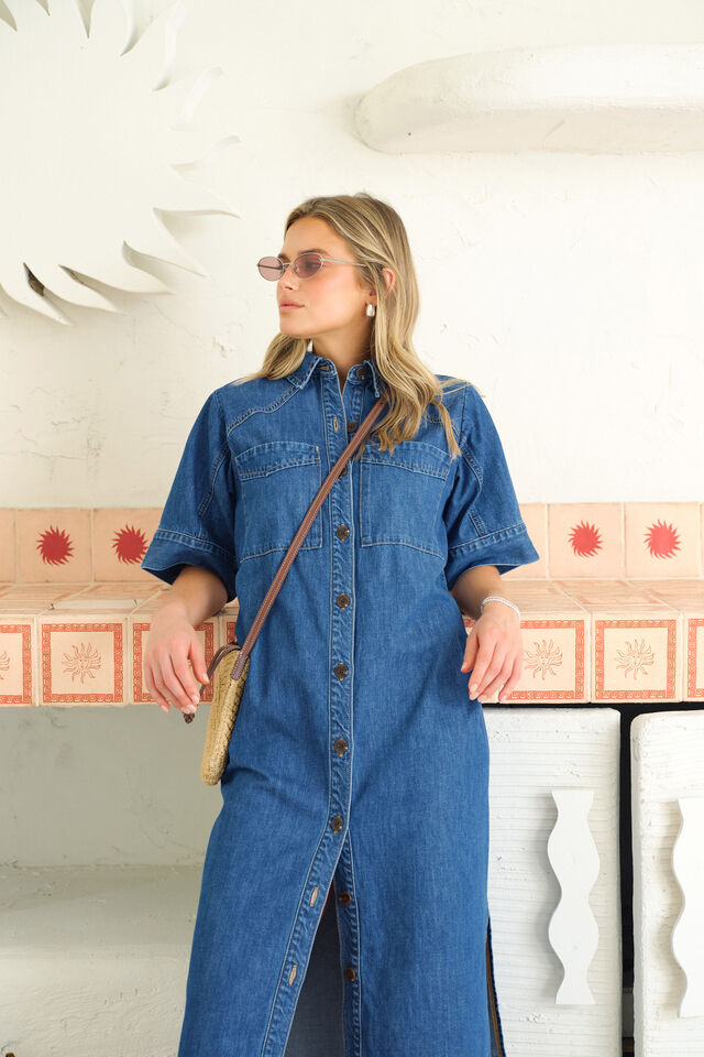 Ava Short Sleeve Midi Dress - fresh indigo-Ceres Life-Made from 8.6 oz lightweight denim with soft hand feel Featuring 100% Organic cotton Curved yoke and sleeve seam detail Short sleeve with cuff Functional button through front Longer midi length with side splits-Pash + Evolve