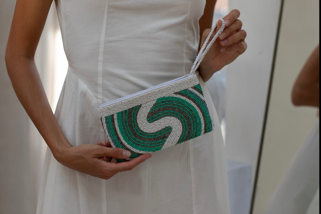 Ava beaded clutch-Pash + Evolve-*Glass beads *Wrist strap *Fully Lined inside *20x12cm-Pash + Evolve