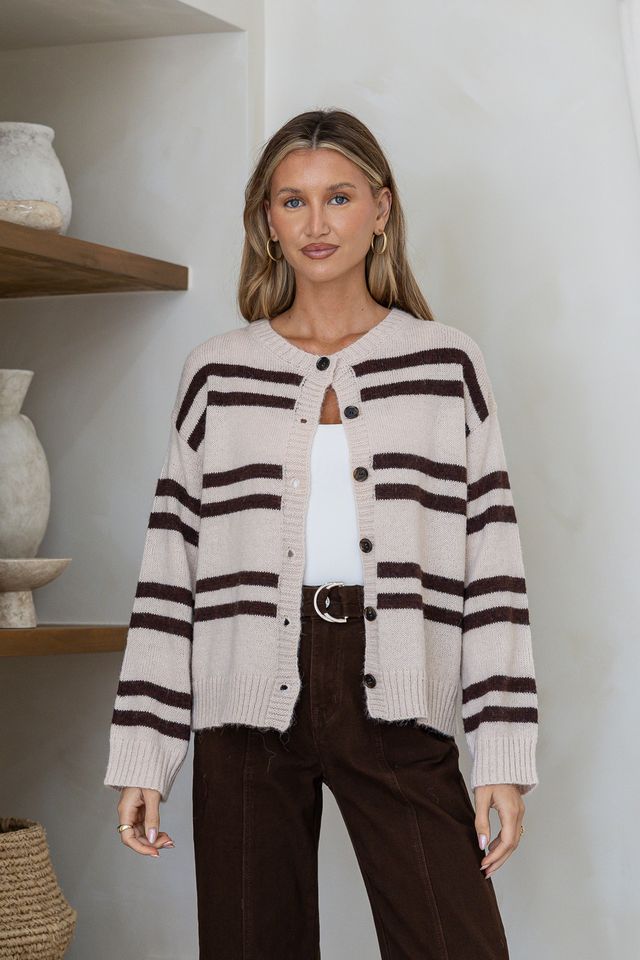 Bayley cardi - natural-Pash + Evolve-*Round neck *Button down front *Long sleeve *Natural with Chocolate stripe *65% Acrylic, 35% Wool-Pash + Evolve