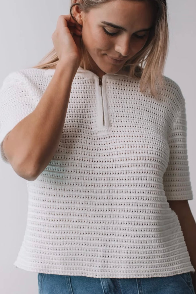 Bayley zip front knit - white-Pash + Evolve-*Zip front *Short sleeve *Collar *100% Cotton-Pash + Evolve