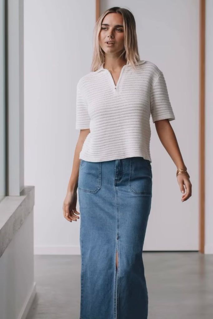 Bayley zip front knit - white-Pash + Evolve-*Zip front *Short sleeve *Collar *100% Cotton-Pash + Evolve