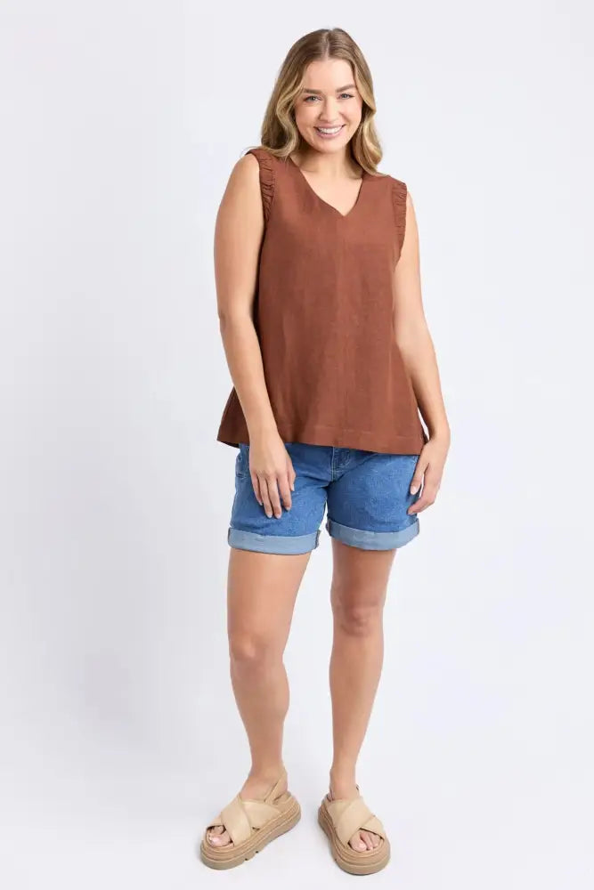 Bermuda top - chocolate-Foxwood-The Bermuda Top is all about relaxed summer vibes. With its linen blend feel, playful frill detail and clean V-neckline, it is a style that looks just as good dressed up as it does casual. Decorative armhole detail Vee neckline Back keyhole opening 55% Linen 45% Viscose Model is wearing a size 10-Pash + Evolve
