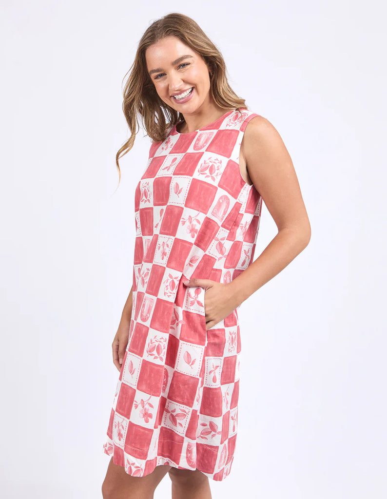 Biarittz Dress - Crimson Print-Foxwood-Breathe in those Italian vibes with the Biarritz Dress. Featuring a relaxed fit and a chic back button with keyhole opening, this dress showcases an exclusive Foxwood yardage print that brings effortless Mediterranean style to your wardrobe. Perfect for easy days with a touch of sunshine. Foxwood exclusive yardage print Back button and keyhole opening Relaxed fit 55% Linen 45% Viscose Model is wearing a size 10-Pash + Evolve