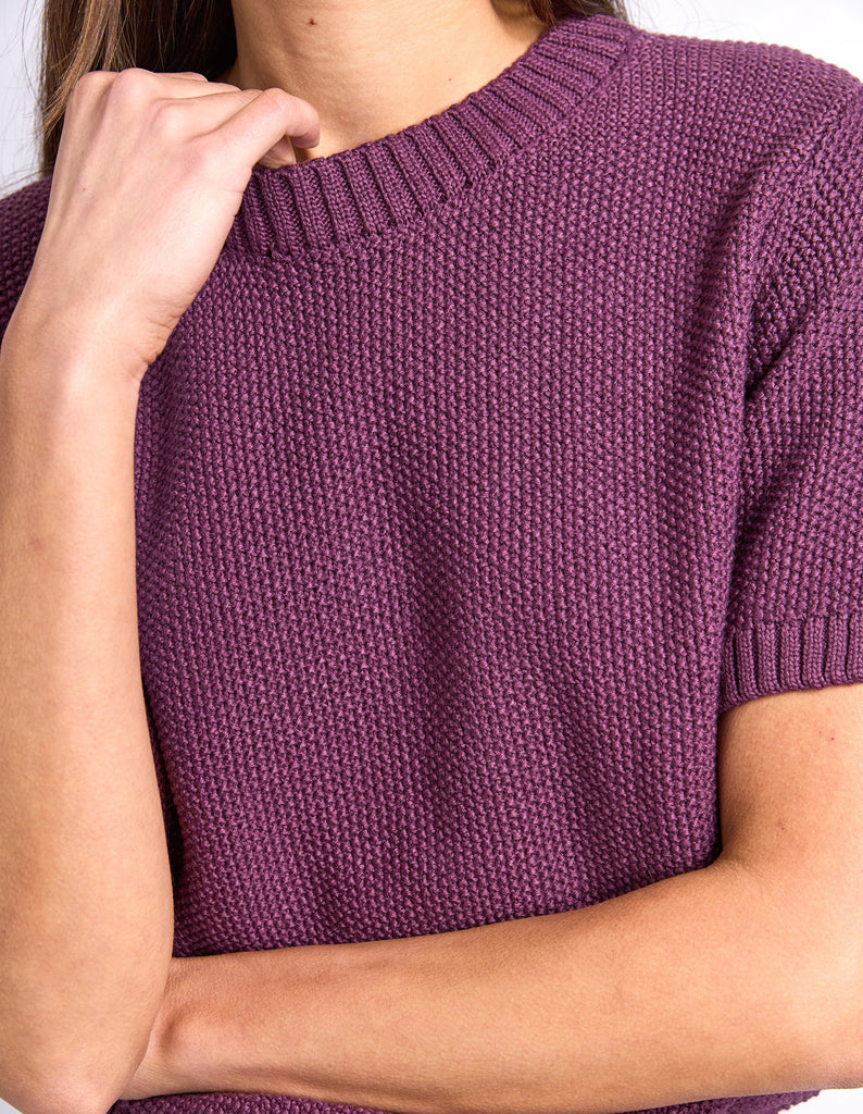 Blair Short Sleeve Knit - Plum-Foxwood-Exclusive Foxwood 100% Cotton Knitwear. The Blair Short Sleeve knit in gorgeous Sage Green is a relaxed fit top designed to be worn for work or play. Round neckline Rib sleeve cuff Relaxed fit 100% Cotton Our model is 176cm and wears Size 10-Pash + Evolve