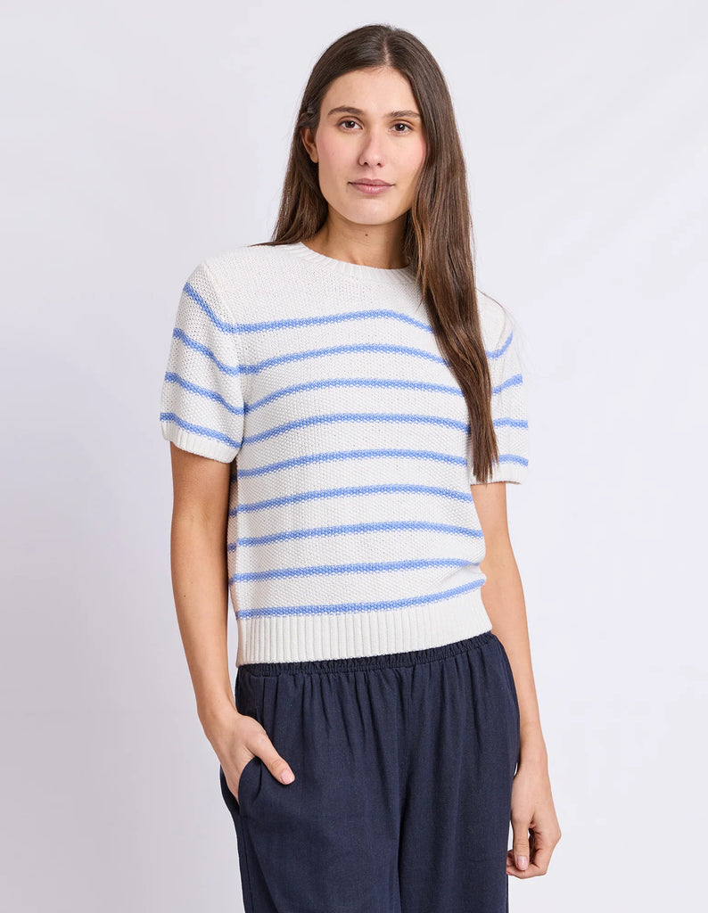 Blair Stripe Short Sleeve Knit - Cornflower Blue-Foxwood-A fresh spin on the classic stripe. The Blair Stripe Short Sleeve Knit is crafted from soft cotton with yarn dyed stripes and an easy relaxed fit. Finished with ribbed sleeve cuffs for a polished touch, it's the knit you'll reach for from workdays to weekends. Yarn dyed stripe Rib sleeve cuff Relaxed fit 100% Cotton Our model is 176cm and wears Size 10-Pash + Evolve