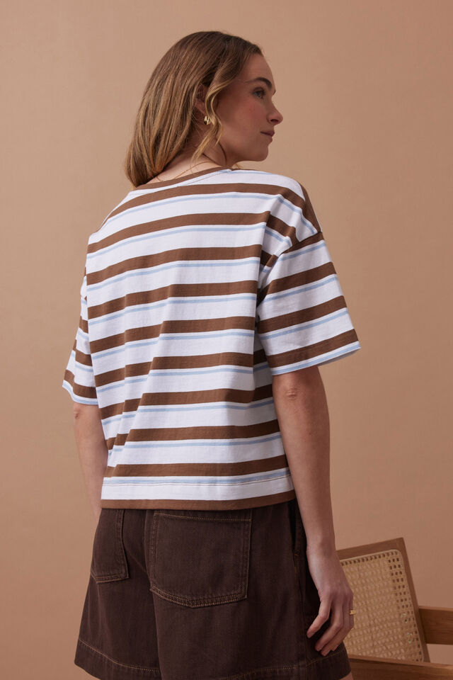 Boa boxy pocket tee - white/milk choc stripe-Ceres Life-Featuring a relaxed and slightly cropped fit, the boxy tee is crafted from a beautifully soft Australian cotton and features a relaxed longer length sleeve with wide hemline. *Made from Australian cotton jersey featuring a soft hand feel *Boxy relaxed shape *Wide hemline & sleeve hem *Slightly cropped length-Pash + Evolve