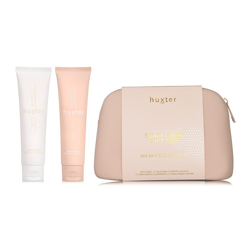Body Care Gift Set - Sea Salt & Cedarwood-Huxter-Fragrance - Sea Salt & Cedarwood Each Gift Set Includes 1 x 100ml Body Cleanser 1 x 100ml Body Cream in Sea Salt and Cedarwood 1 x Silicone Cosmetic Bag in Neutral-Pash + Evolve
