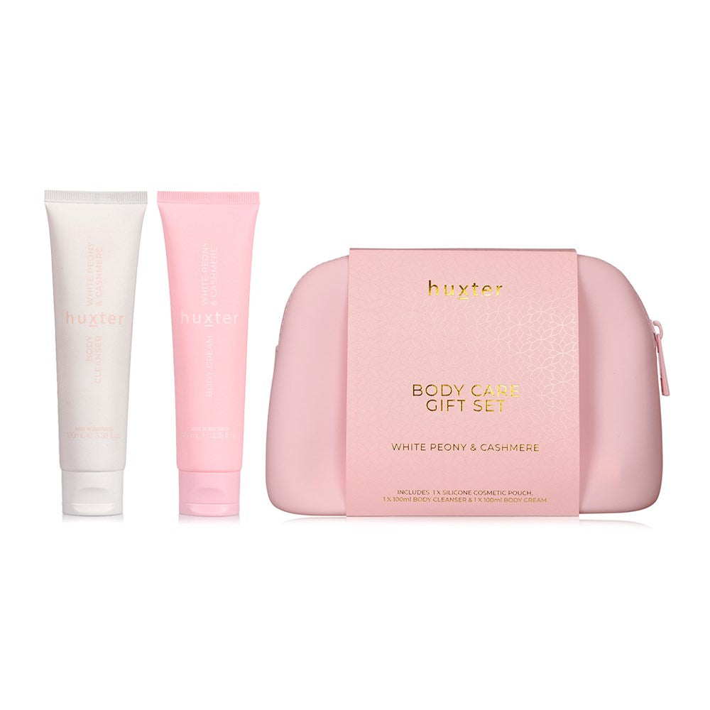 Body Care Gift Set - White Peony & Cashmere-Huxter-Fragrance - White Peony & Cashmere Each Gift Set Includes – 1 x 100ml Body Cleanser 1 x 100ml Body Cream in White Peony & Cashmere 1 x Silicone Cosmetic Bag in Pink-Pash + Evolve