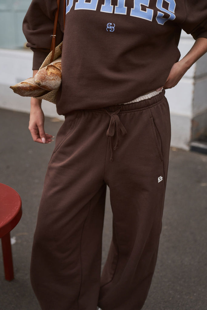 Bowie Barrel Leg Trackpant - brunette brown contrast buff bind-Ceres Life-Organic cotton blend Loopback Relaxed Fit Barrel leg shape Elasticated leg opening 80% Cotton, 20% Polyester-Pash + Evolve