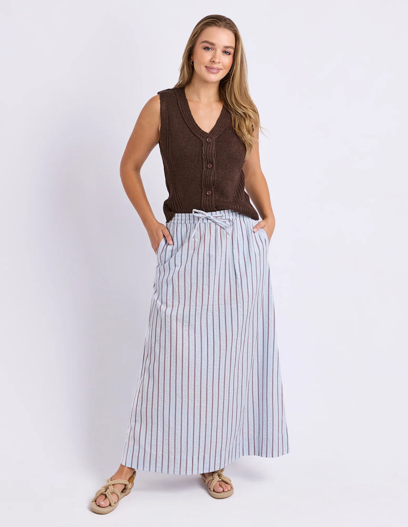 Breeze Skirt - Light Blue-Foxwood-Made for sunny days and slow weekends. The Breeze Skirt is crafted from breathable cotton with yarn dyed stripes and an easy flowing silhouette. Finished with an elastic waistband, adjustable drawcord and side pockets, it's the kind of skirt you'll keep reaching for all season long. Elastic waist with drawcord Yarn dyed stripe Side pockets Model is wearing a size 10-Pash + Evolve