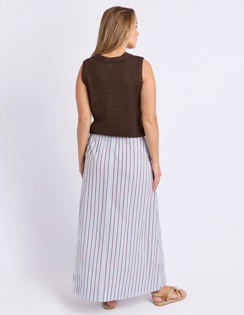 Breeze Skirt - Light Blue-Foxwood-Made for sunny days and slow weekends. The Breeze Skirt is crafted from breathable cotton with yarn dyed stripes and an easy flowing silhouette. Finished with an elastic waistband, adjustable drawcord and side pockets, it's the kind of skirt you'll keep reaching for all season long. Elastic waist with drawcord Yarn dyed stripe Side pockets Model is wearing a size 10-Pash + Evolve