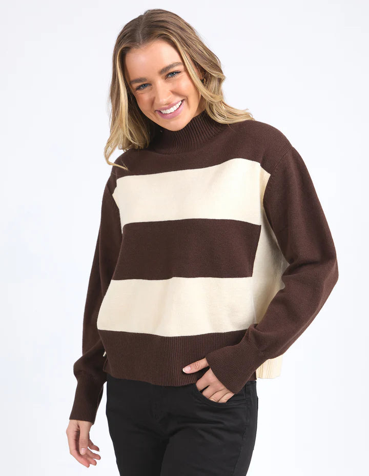 Canterbury Knit - Coffee Quartz & White-Foxwood-Snuggle up in luxe wool and cashmere this season in the new Canterbury Knit. Featuring a relaxed fit and wide mock neck this classic knit in timeless black and tan is the ideal piece for the season. Mock neckline Yarn dyed stripe knit Relaxed fit Wool Cashmere Blend Model is 176cm and wears Size 8-10-Pash + Evolve