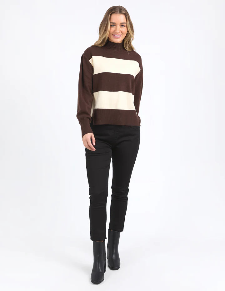Canterbury Knit - Coffee Quartz & White-Foxwood-Snuggle up in luxe wool and cashmere this season in the new Canterbury Knit. Featuring a relaxed fit and wide mock neck this classic knit in timeless black and tan is the ideal piece for the season. Mock neckline Yarn dyed stripe knit Relaxed fit Wool Cashmere Blend Model is 176cm and wears Size 8-10-Pash + Evolve