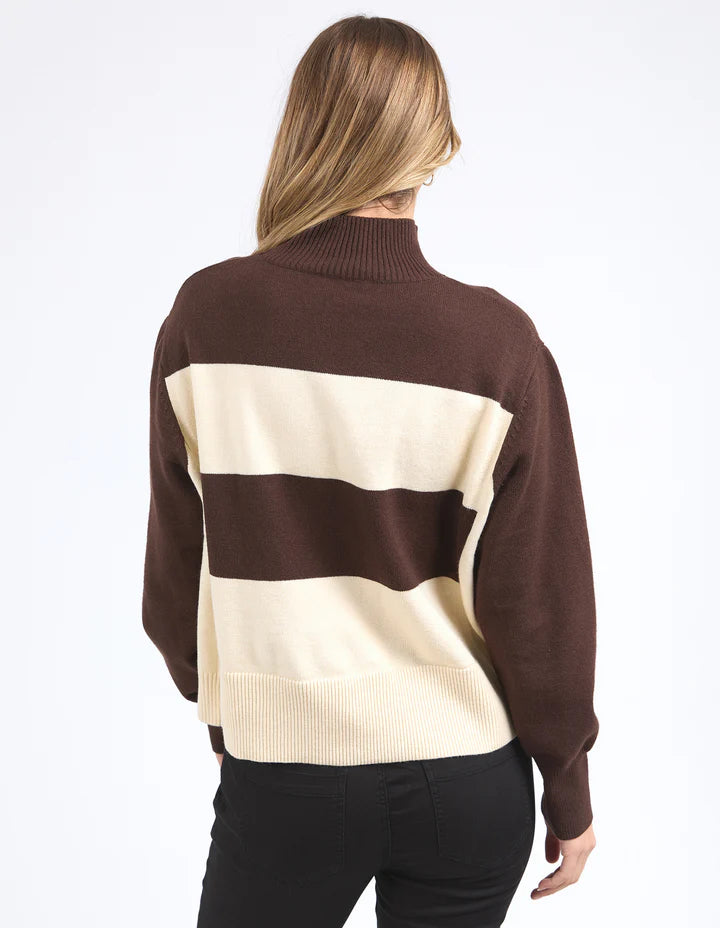 Canterbury Knit - Coffee Quartz & White-Foxwood-Snuggle up in luxe wool and cashmere this season in the new Canterbury Knit. Featuring a relaxed fit and wide mock neck this classic knit in timeless black and tan is the ideal piece for the season. Mock neckline Yarn dyed stripe knit Relaxed fit Wool Cashmere Blend Model is 176cm and wears Size 8-10-Pash + Evolve