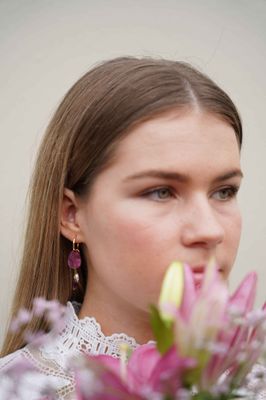 Chloe earrings - merlot-Hagen + Co-An organic shaped earring in marbled, merlot acrylic with charms in amethyst coloured glass faceted beads and freshwater pearl nuggets. Hanging from a gold huggie hoop. These earrings are so delicate and pretty with a contemporary edge. One of our favourites!*Materials: Acrylic, glass beads, freshwater pearls*Nickel Free earring hoops*Light weight and easy to wear.*Hoop: 15mm*Earring: 13mm x 40mmPackaged in a gift box-Pash + Evolve