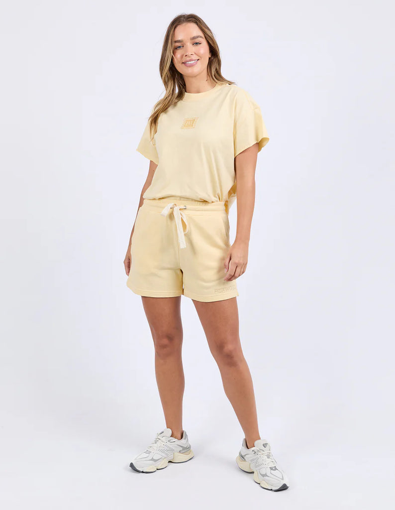 Classic Short - Lemon-Foxwood-Butter soft and simply the perfect pair of shorts to match back with your out-and-about leisure wear. The new Classic Short from Foxwood Clothing are exactly that. A classic short featuring drawstring cord, side pockets and a lovely vintage washed rinse. Elastic waist Front leg embroidery Side pockets 100% Cotton Model is wearing a size 10-Pash + Evolve