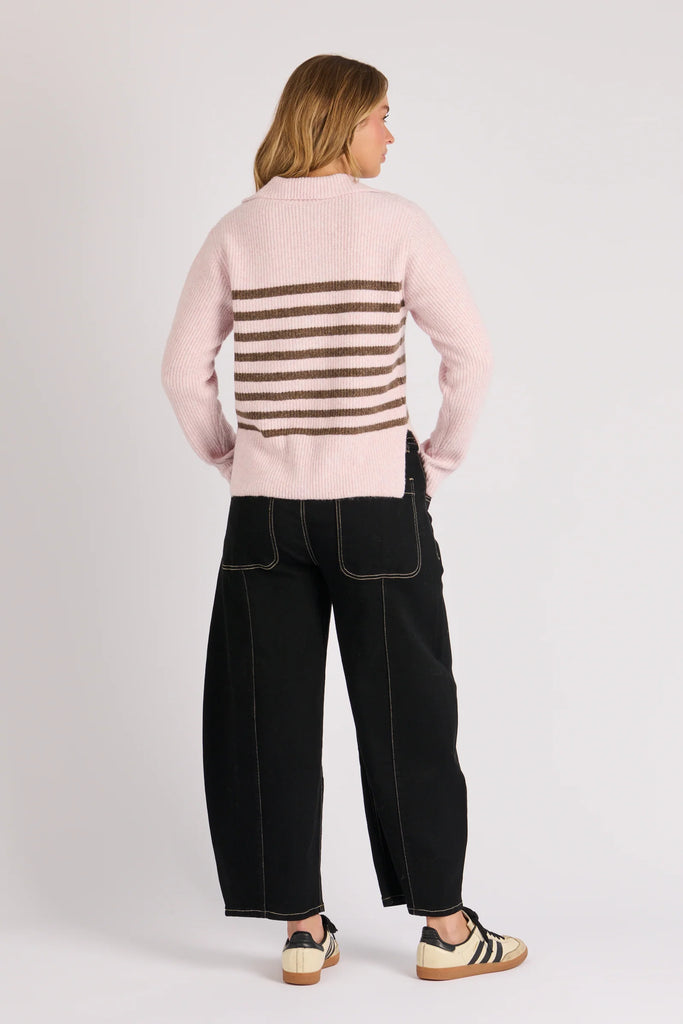 Collared Jumper - Pink & Chocolate Stripe-One Ten Willow-Blend softness with statement style in the Collared Jumper in Pink and Chocolate Stripe. Crafted from a cosy knit with a refined rib texture, this piece delivers warmth without compromising on polish. The contrast stripe detail across the chest adds a modern, sporty edge, while the open collar neckline creates a flattering, relaxed feel that layers beautifully through the cooler months. Fabric: Polyester, wool and elastane blend for warmth, softness