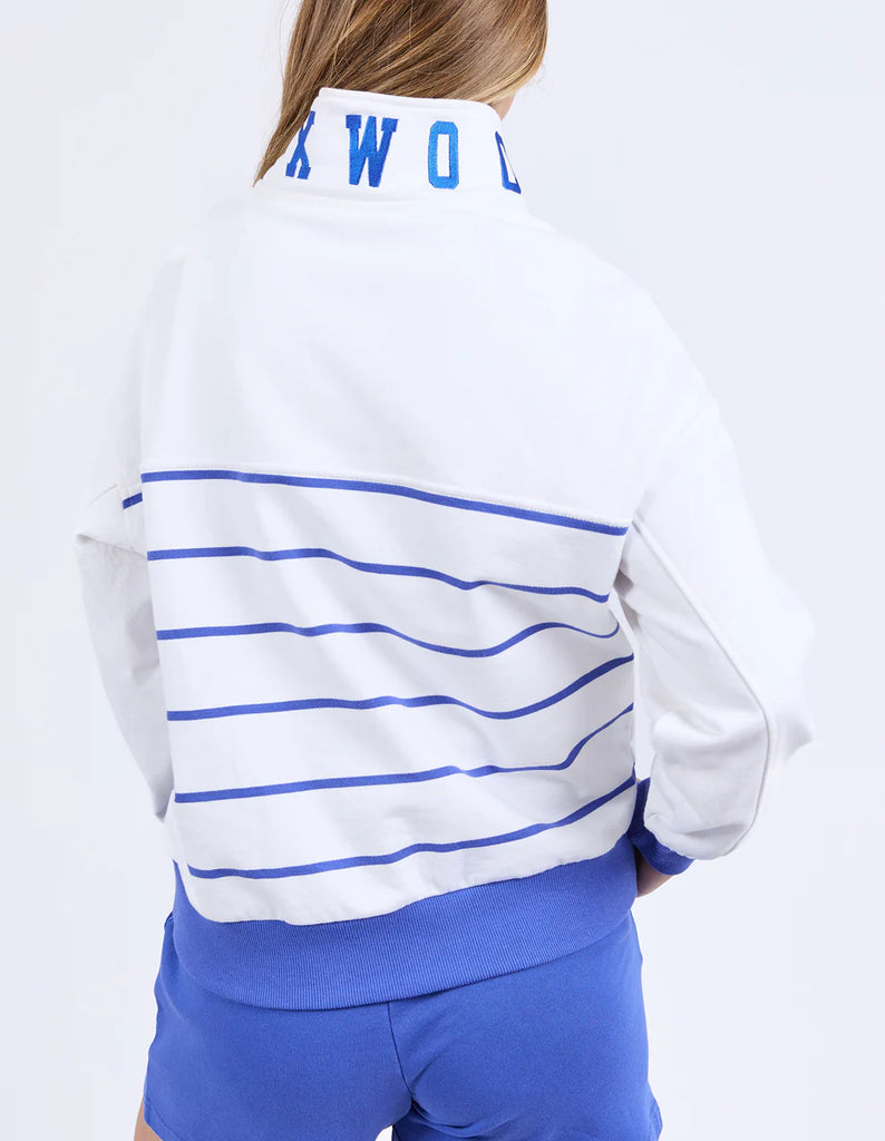 College stripe zip crew - white & blue-Foxwood-Our best-selling crew just got bolder. The College Stripe Zip Crew features a front zip neck opening, cool collar embroidery, and a relaxed fit for easy, laid-back style with a sporty edge. Ready to refresh your casual wardrobe. Front zip neck opening Collar embroidery Relaxed fit 100% Cotton Model is wearing a size 10-Pash + Evolve