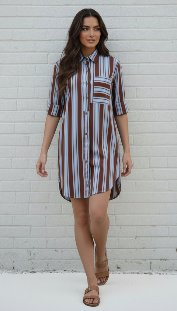 Ebby shirt dress - chocolate/blue-Pash + Evolve-*Collar *Button down front *Chocolate/Blue stripe *Short sleeve *Curved hemline-Pash + Evolve