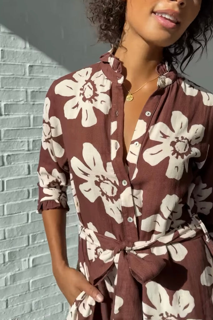 Eden dress - Chocolate flower-Pash + Evolve-*Button down front *Ruffle trim *Tie around waist *Chocolate flower *Midi length-Pash + Evolve