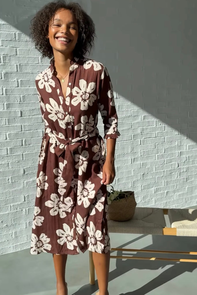 Eden dress - Chocolate flower-Pash + Evolve-*Button down front *Ruffle trim *Tie around waist *Chocolate flower *Midi length-Pash + Evolve