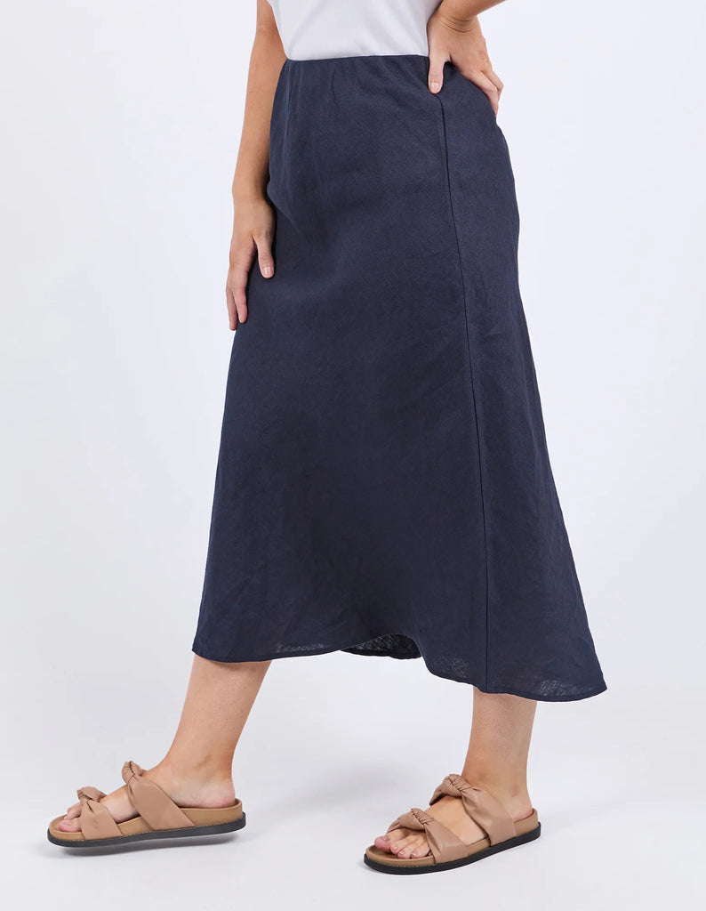 Eleni Skirt - Dark Sapphire-Elm-Designed for everyday wear, the eleni skirt boasts bias cut, elastic waist, and slightly flared hemline. Style it your way for an effortless look that works for any day of the week. Bias cut Elastic waist Slightly flared hemline Linen Model is 171cm and wears Size 10-Pash + Evolve