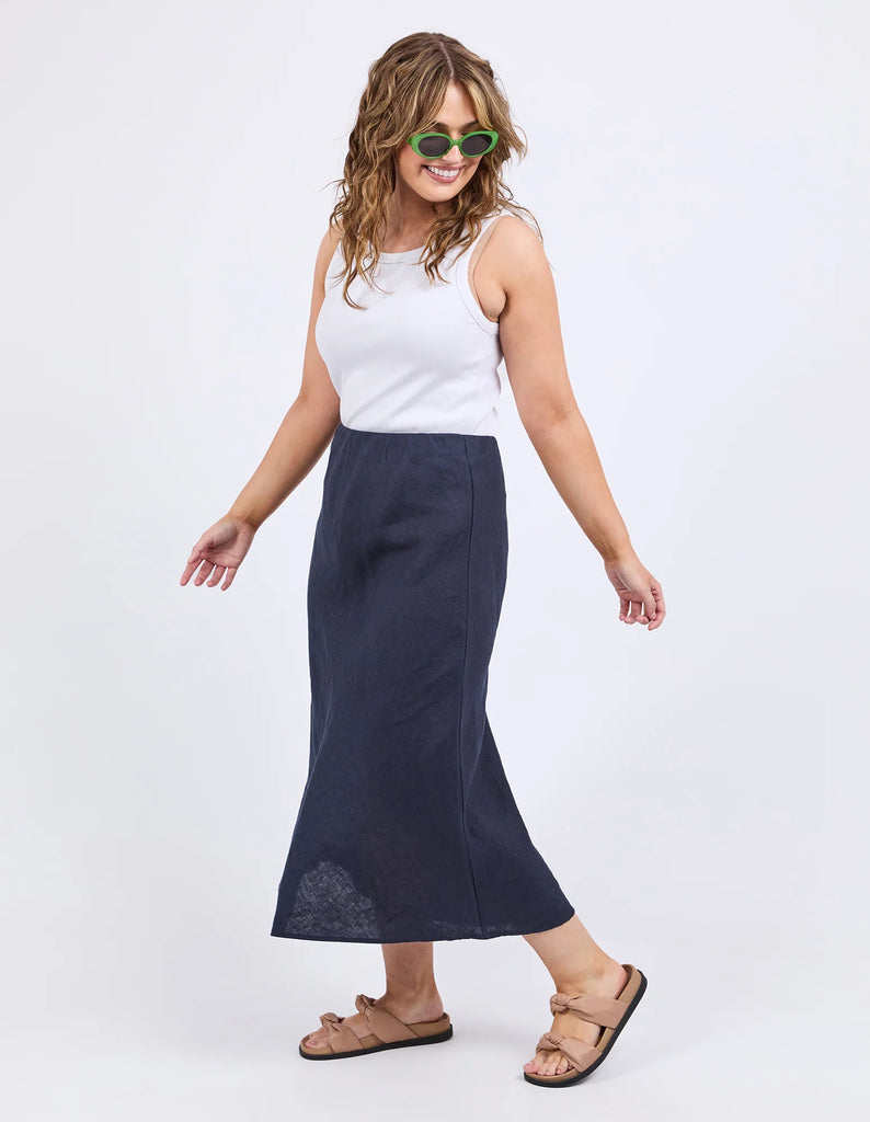 Eleni Skirt - Dark Sapphire-Elm-Designed for everyday wear, the eleni skirt boasts bias cut, elastic waist, and slightly flared hemline. Style it your way for an effortless look that works for any day of the week. Bias cut Elastic waist Slightly flared hemline Linen Model is 171cm and wears Size 10-Pash + Evolve
