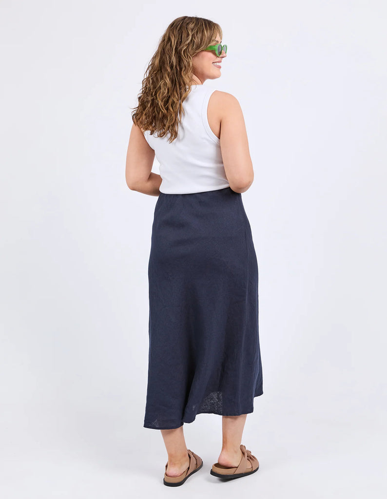 Eleni Skirt - Dark Sapphire-Elm-Designed for everyday wear, the eleni skirt boasts bias cut, elastic waist, and slightly flared hemline. Style it your way for an effortless look that works for any day of the week. Bias cut Elastic waist Slightly flared hemline Linen Model is 171cm and wears Size 10-Pash + Evolve