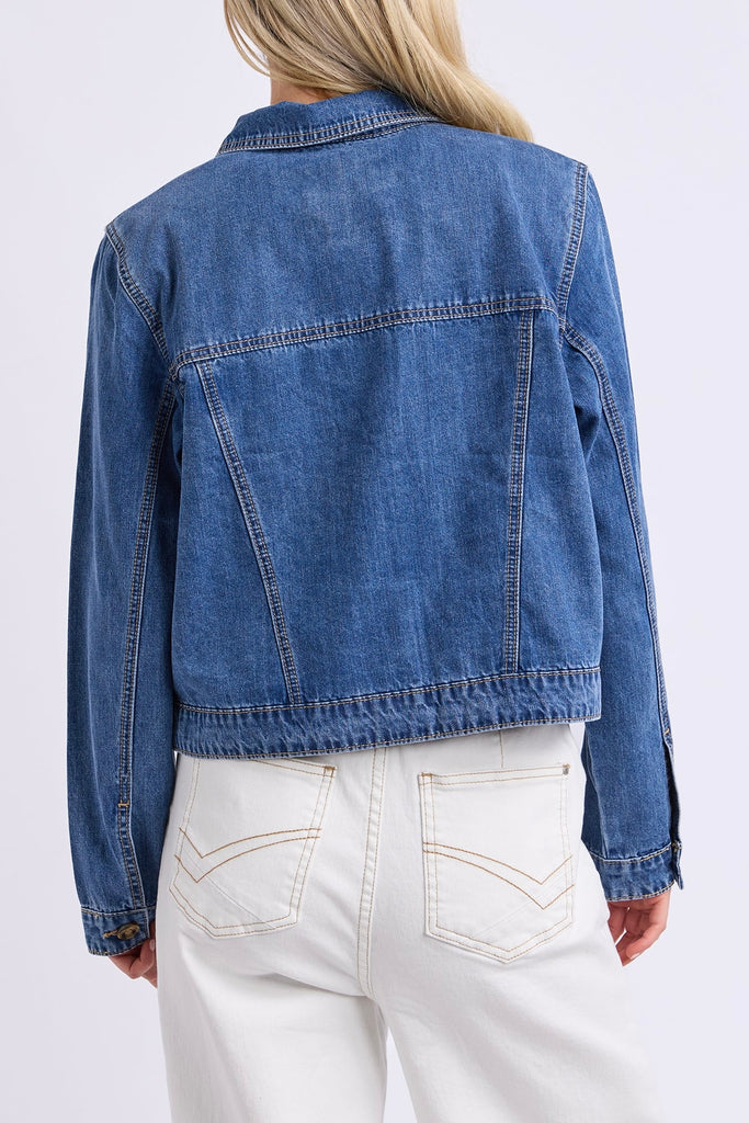 Essie Denim Jacket - Mid Blue Wash-Elm-The Essie Denim Jacket is a fresh take on a classic layer. Designed with a cropped length, relaxed fit and chest patch pockets, it adds just the right amount of structure to everyday outfits. Throw it over a tee dress, pair it with wide-leg pants or wear it with contrasting denim for an easy double-denim moment. Chest patch pockets Cropped length Rigid denim Relaxed fit 100% cotton denim The Model is 173cm and is wearing a size 10-Pash + Evolve