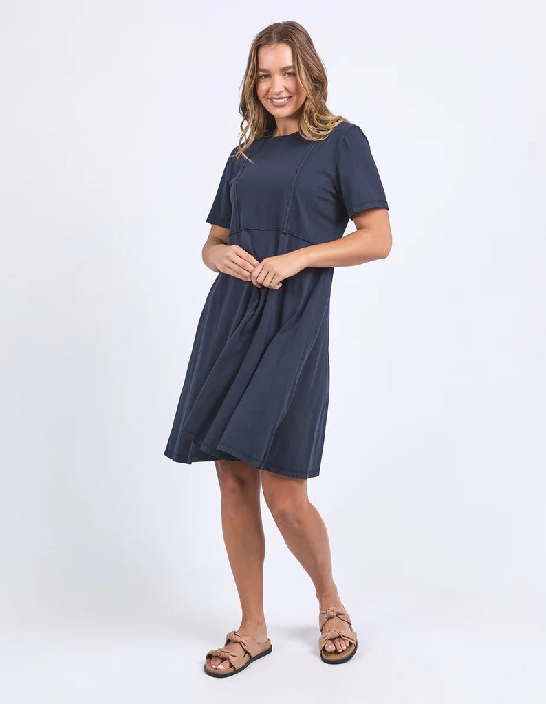 Eva Dress - Navy-Foxwood-The Eva Dress is your new everyday favourite. This cute shift dress features a flattering neckline and a breezy knee length. Made from crisp 100% cotton poplin, it’s fresh, fun, and perfect for all-day, every day wear. Round neckline Knee length Raw edge details 100% Cotton Model is wearing a size 10-Pash + Evolve
