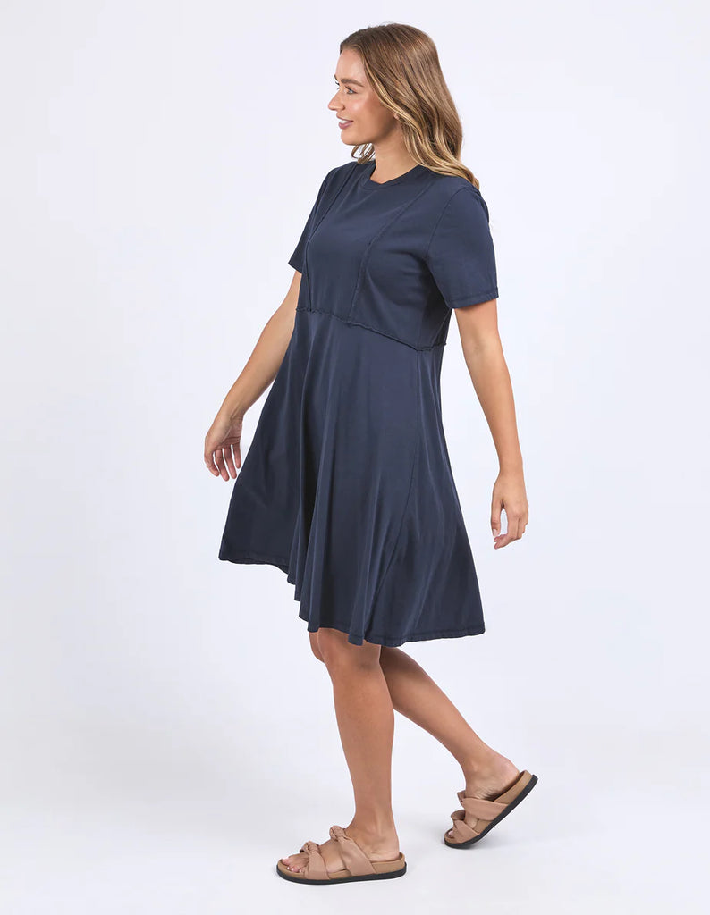 Eva Dress - Navy-Foxwood-The Eva Dress is your new everyday favourite. This cute shift dress features a flattering neckline and a breezy knee length. Made from crisp 100% cotton poplin, it’s fresh, fun, and perfect for all-day, every day wear. Round neckline Knee length Raw edge details 100% Cotton Model is wearing a size 10-Pash + Evolve