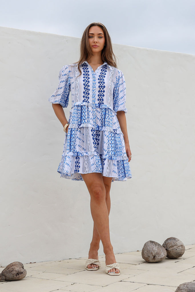 Eva dress - blue/white-Pash + Evolve-*Button down front *Collar *Blue/White *Just above knee length *Short sleeve *Ruffle trim-Pash + Evolve