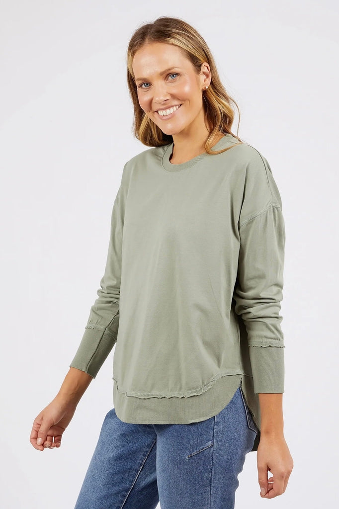 Farrah Long Sleeve - Sage Green-Foxwood-A new crew to the Foxwood range the Farrah Long Sleeve in 100% Fresh Pima Cotton features a classic crew neckline and raw edge detail. This relaxed fit jumper is an easy everyday wear. Round neckline Raw edge detail Relaxed fit Pima Cotton Jersey Our model wears size 8-Pash + Evolve
