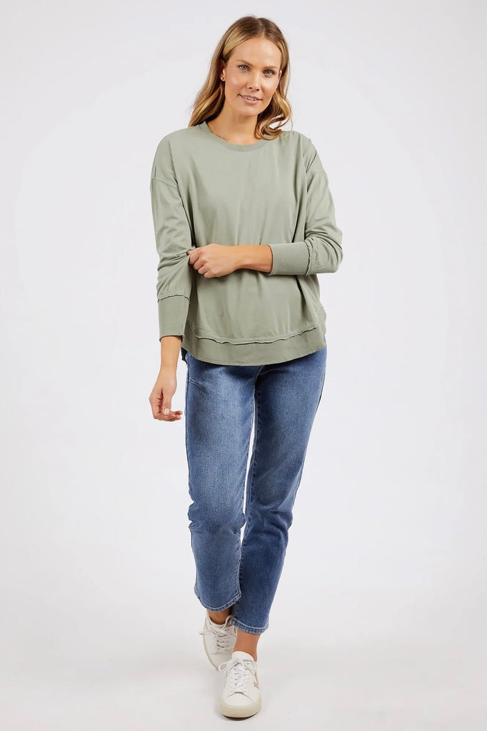 Farrah Long Sleeve - Sage Green-Foxwood-A new crew to the Foxwood range the Farrah Long Sleeve in 100% Fresh Pima Cotton features a classic crew neckline and raw edge detail. This relaxed fit jumper is an easy everyday wear. Round neckline Raw edge detail Relaxed fit Pima Cotton Jersey Our model wears size 8-Pash + Evolve